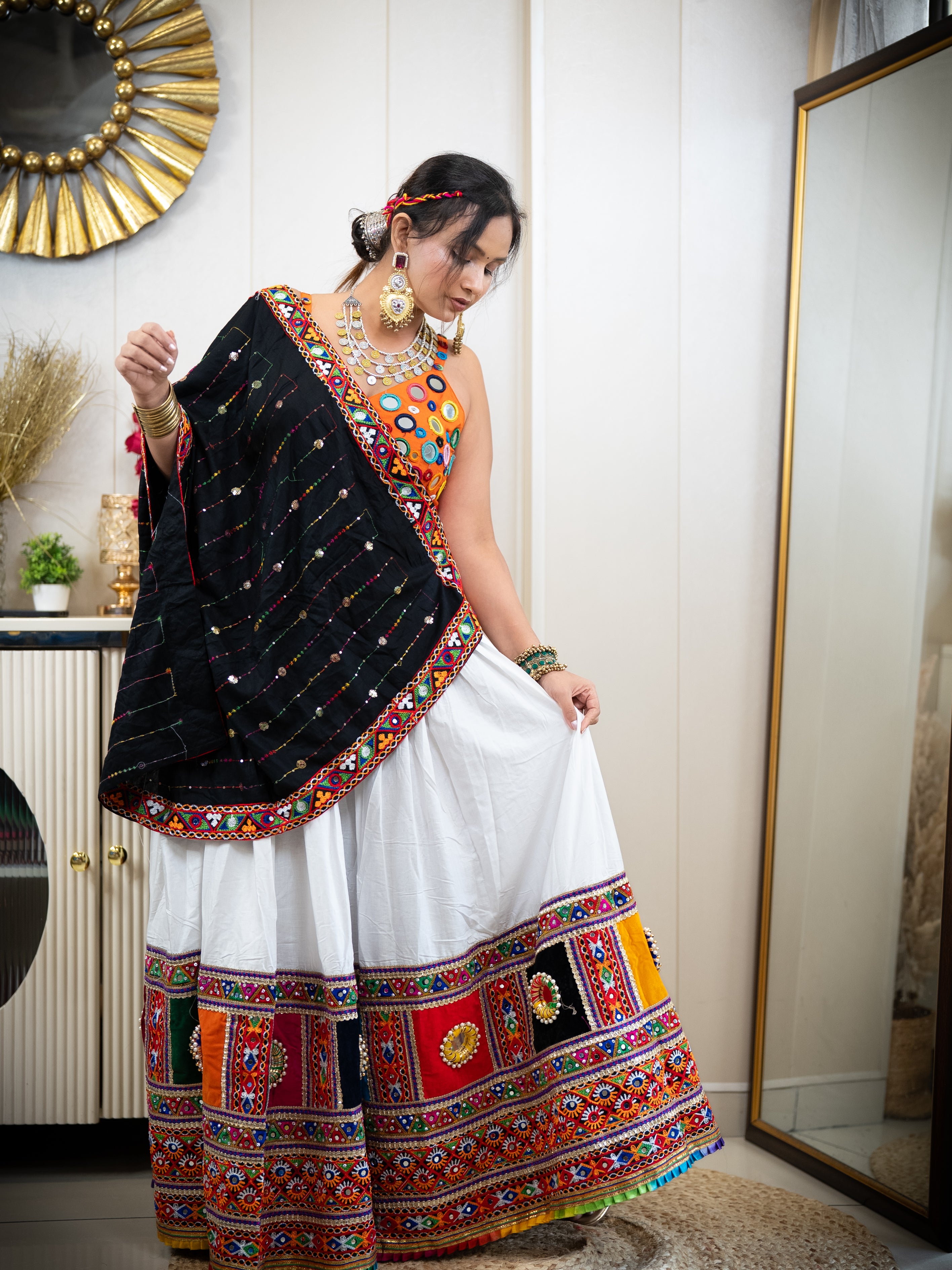 Authentic Gujarati Chaniya Choli for Navratri & Dandiya | Multicolor Mirror Work