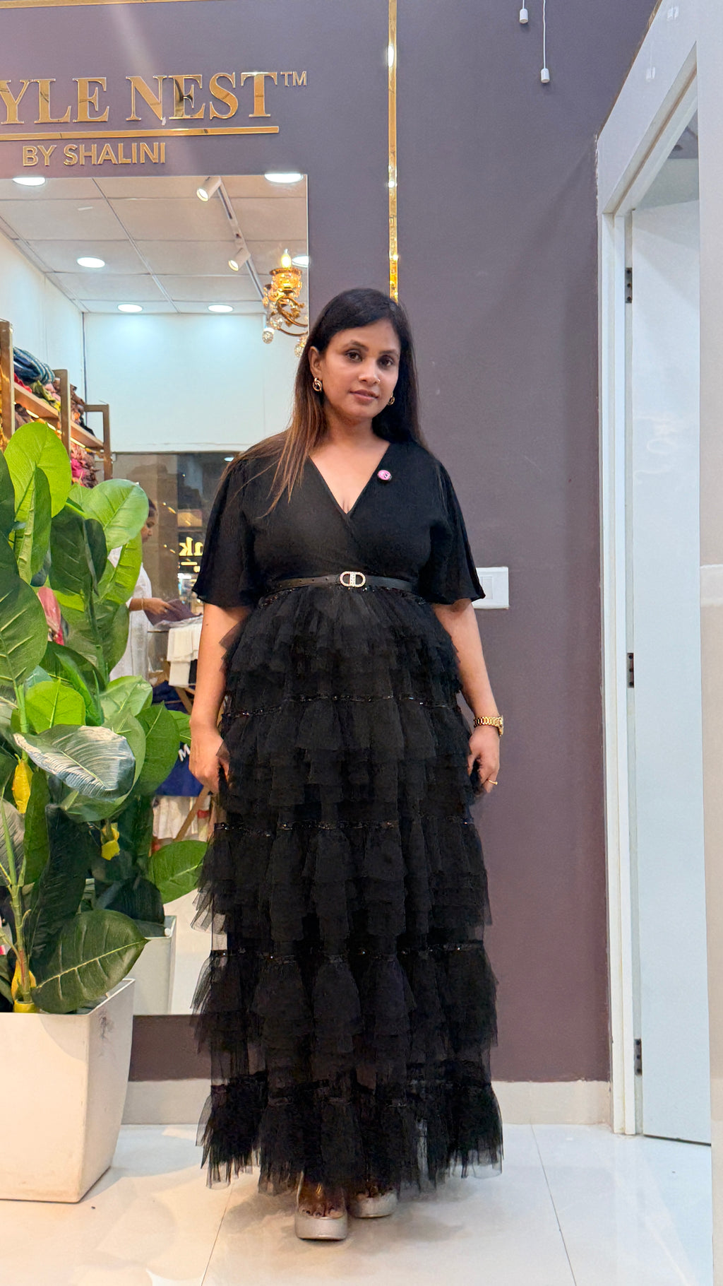 Noir Tiered Tulle Ruffle Maxi Dress