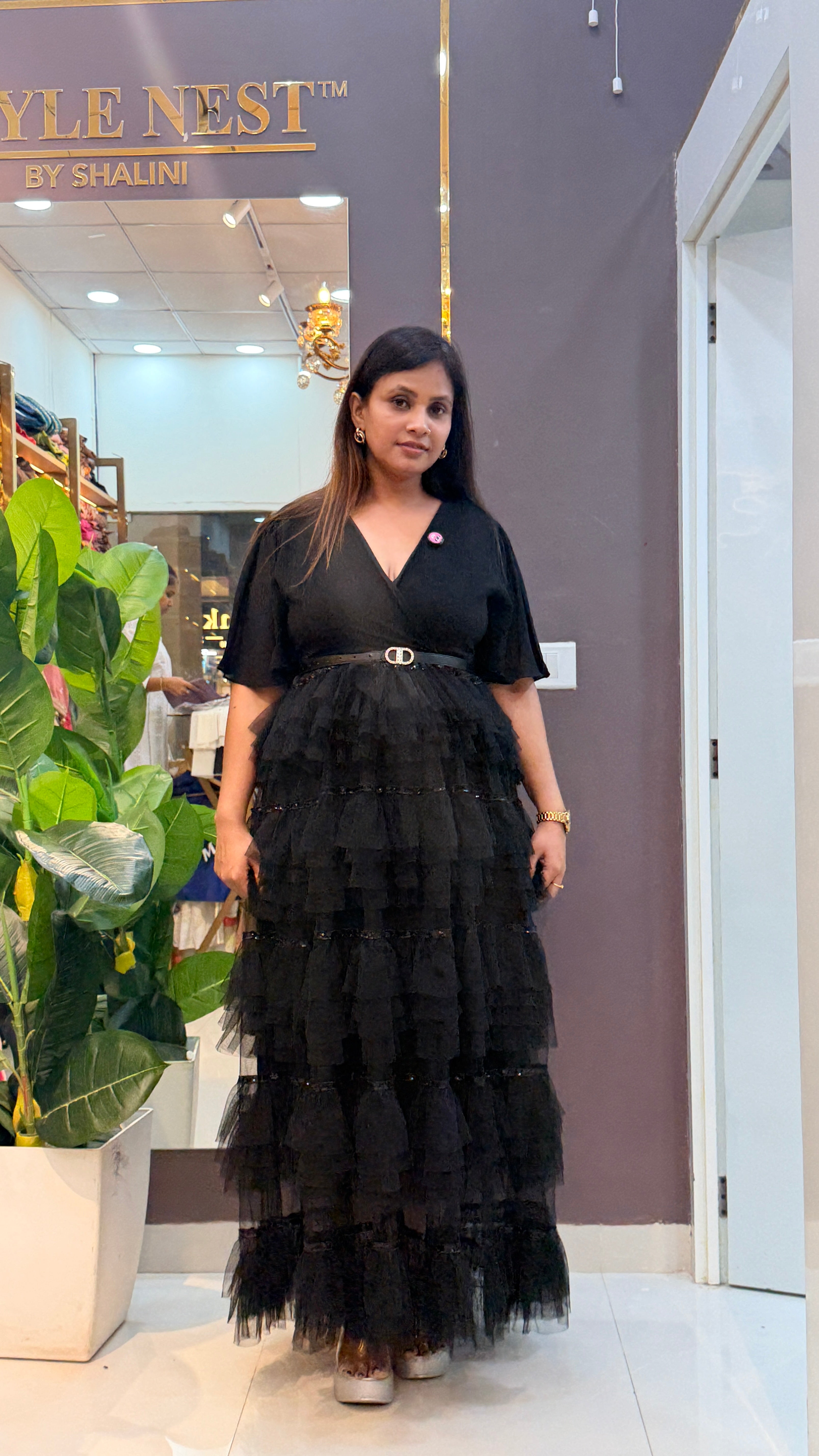 Noir Tiered Tulle Ruffle Maxi Dress