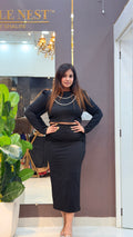 Onyx Chevron Textured Crop Top and Midi Skirt Co-Ord Set with Pearl Neckline